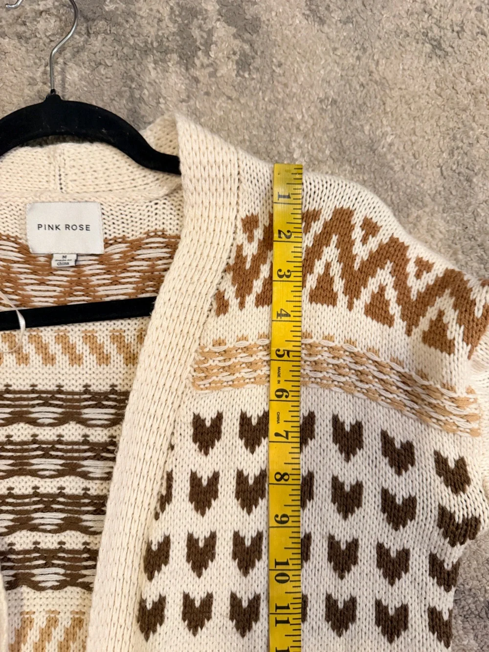 Pink Rose Cozy Patterned Open-Front Cardigan Sweater - Cream & Brown